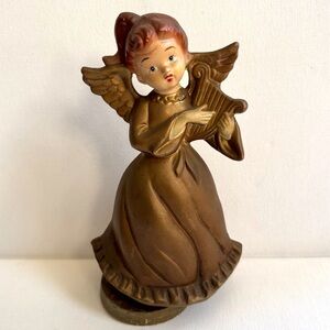 Vtg Mid Century Gold Angel Girl Music Box Plays Silent Night Ceramic Rotating